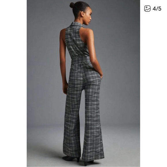 Anthropologie Gray Plaid Sleeveless Belted Jumpsuit - Picture 2 of 5